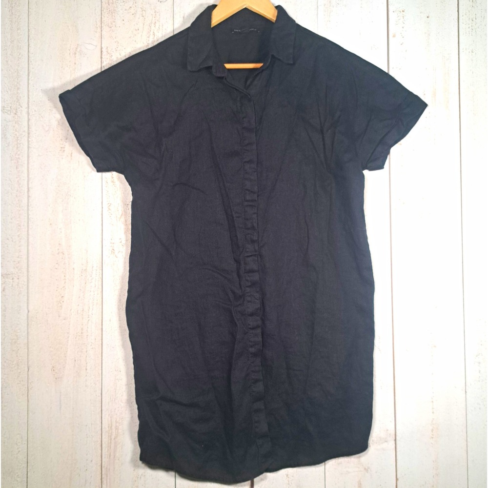 Saks Fifth Ave Capsule Wardrobe Monochrome Black 100% Linen Cozy Shirt Dress S